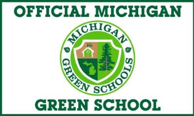Flag with the text "Official Michigan Green School" and the MI Green School logo in the middle